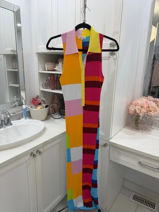 Steve Madden Multicolor Striped Knit Dress - Yellow, Pink, Orange, Red, Blue - Picture 2 of 7